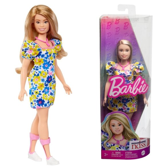 Barbie Other - NEW Barbie Doll with Down Syndrome, long blonde hair, floral dress, Pink AFO